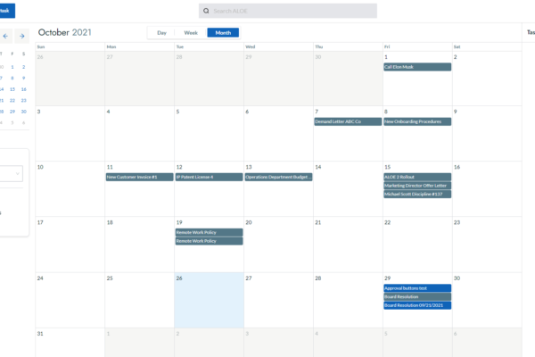 ALOE calendar view — contract and task deadlines on calendar